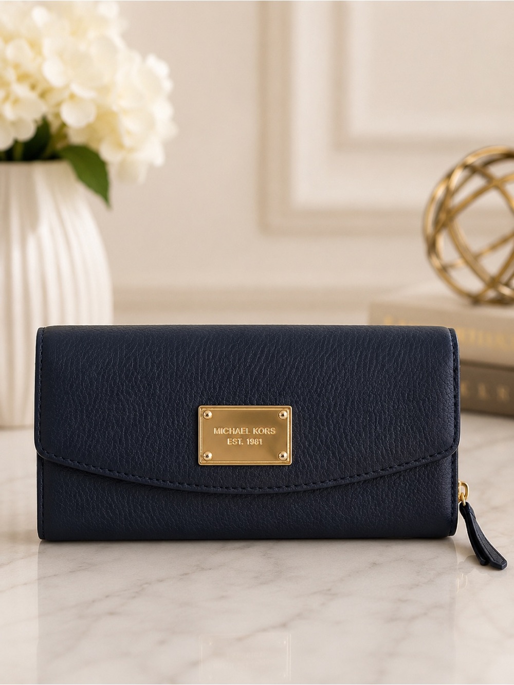 Michael Kors Navy Pebbled Leather Continental Wallet Zip Around Clutch Gold Logo